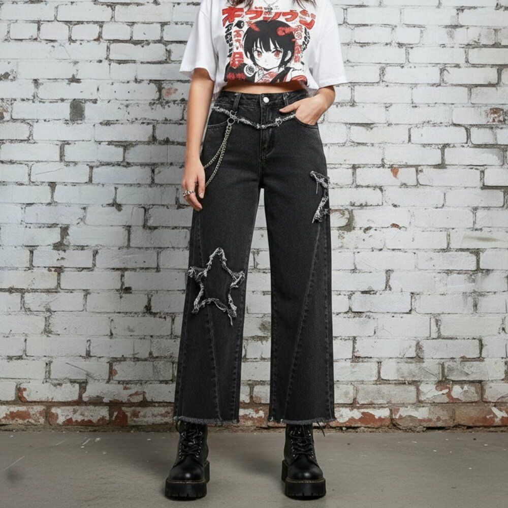Jeans Straight Wide Leg Stars Distressed High Rise Black Wash Grunge Women sz XS